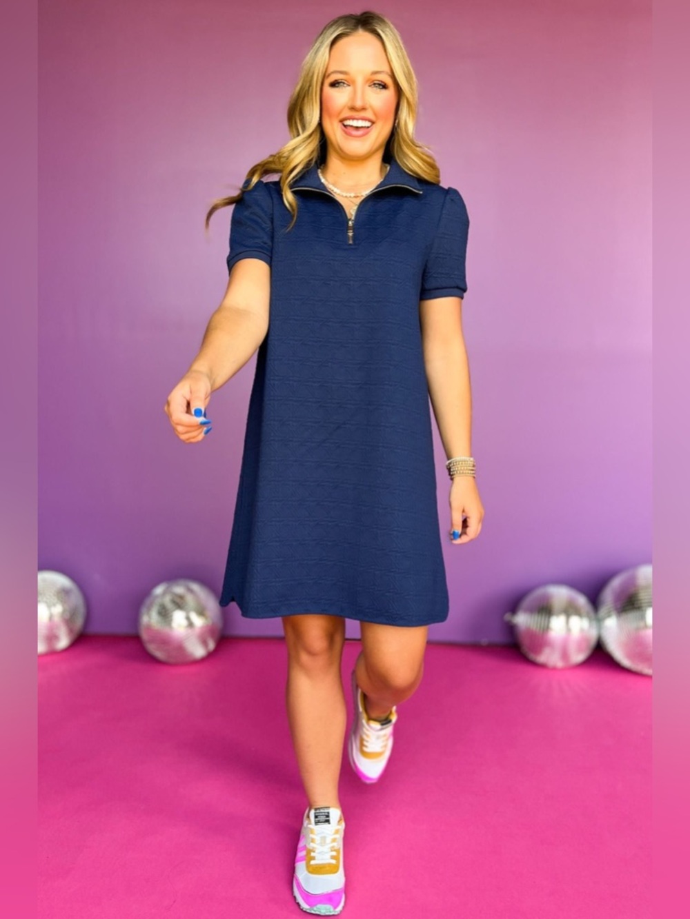 SSYS The Everyday Collared Quilted Quarter Zip Puff Sleeve Dress Navy Size M - Picture 4 of 9